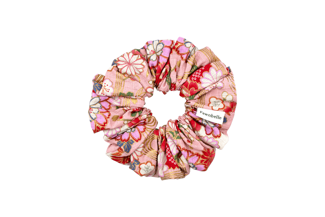 Floral patterned scrunchie with Japanese spring sakuras cotton