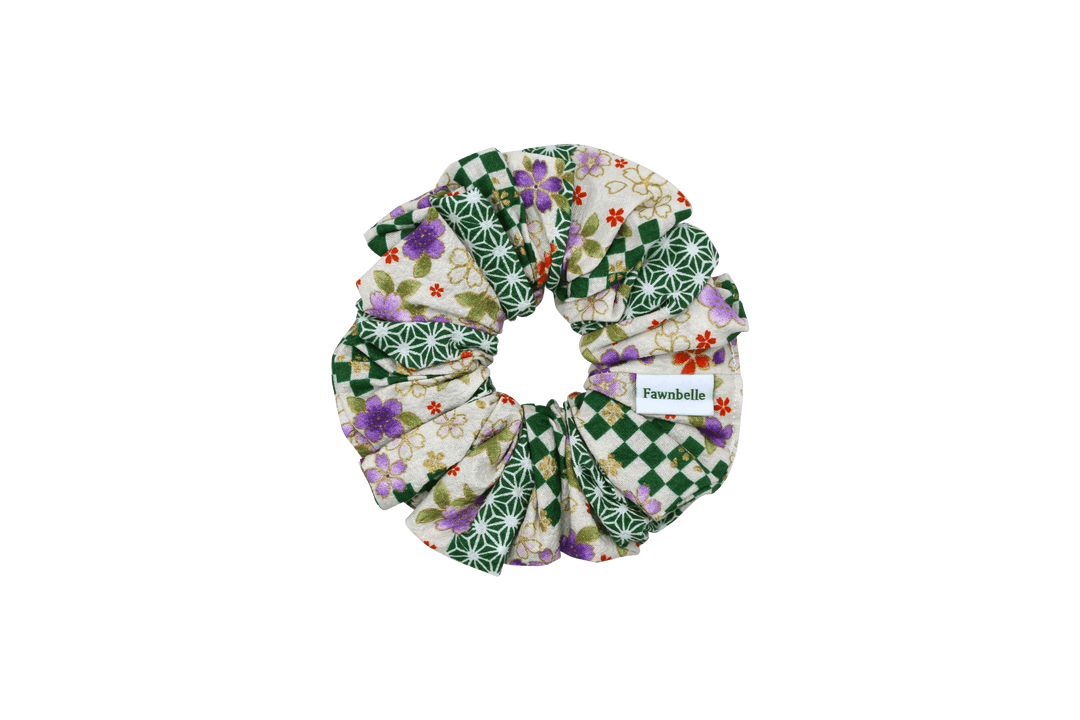Floral patterned scrunchie green and checkered cotton