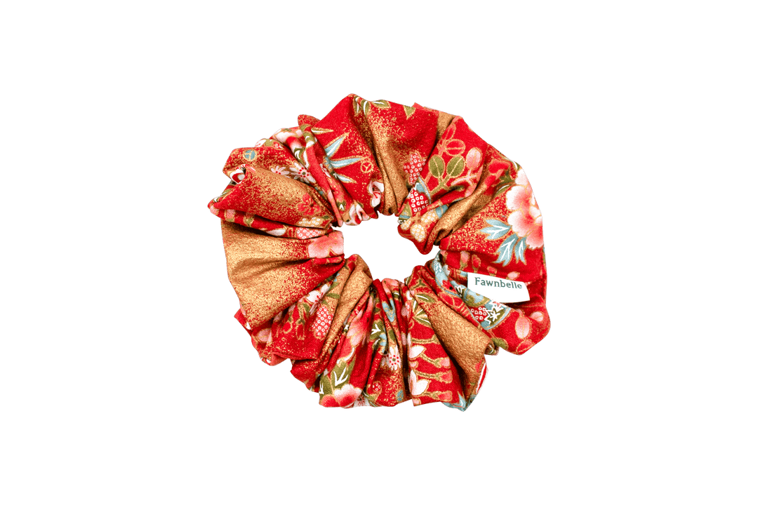 Floral patterned scrunchie Japanese red art style cotton