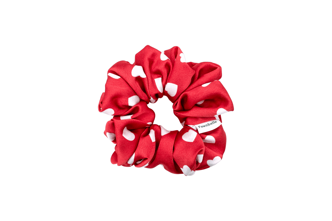 Red scrunchie with white hearts satin