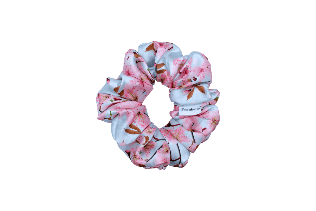 Pink scrunchie with floral pattern / sakura blooms satin