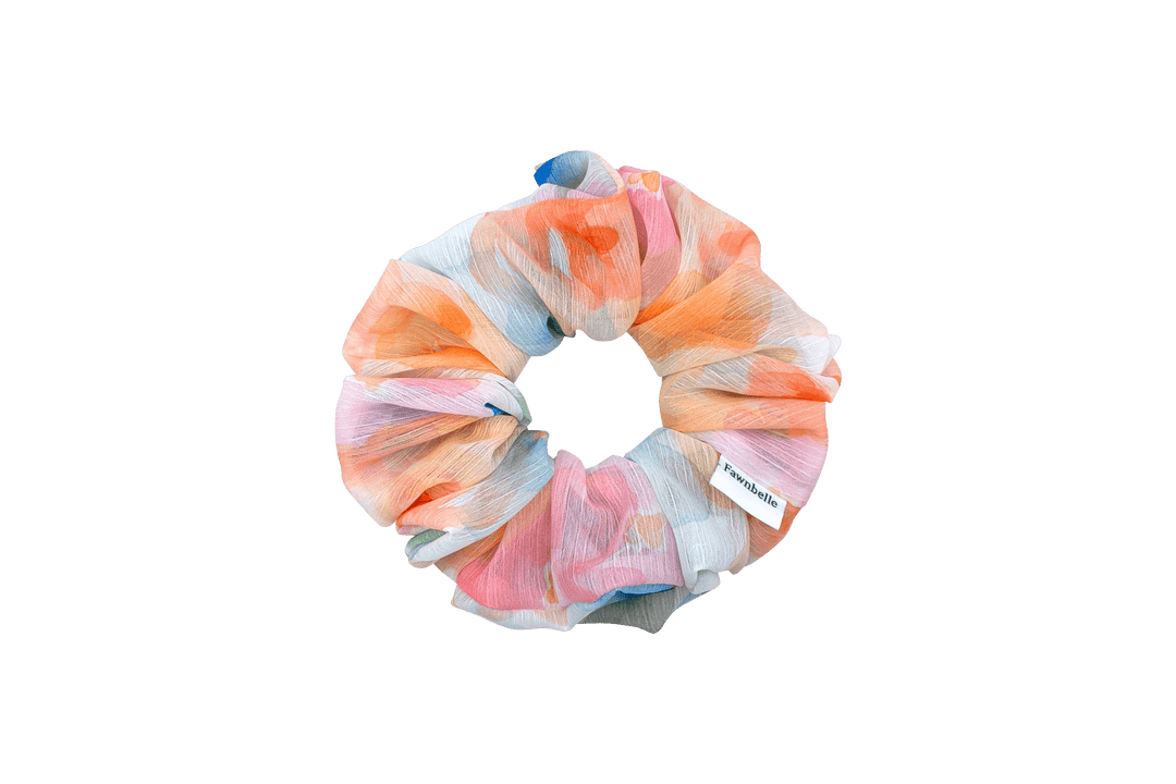 Multicolored scrunchie with florals and water colour style artwork satin