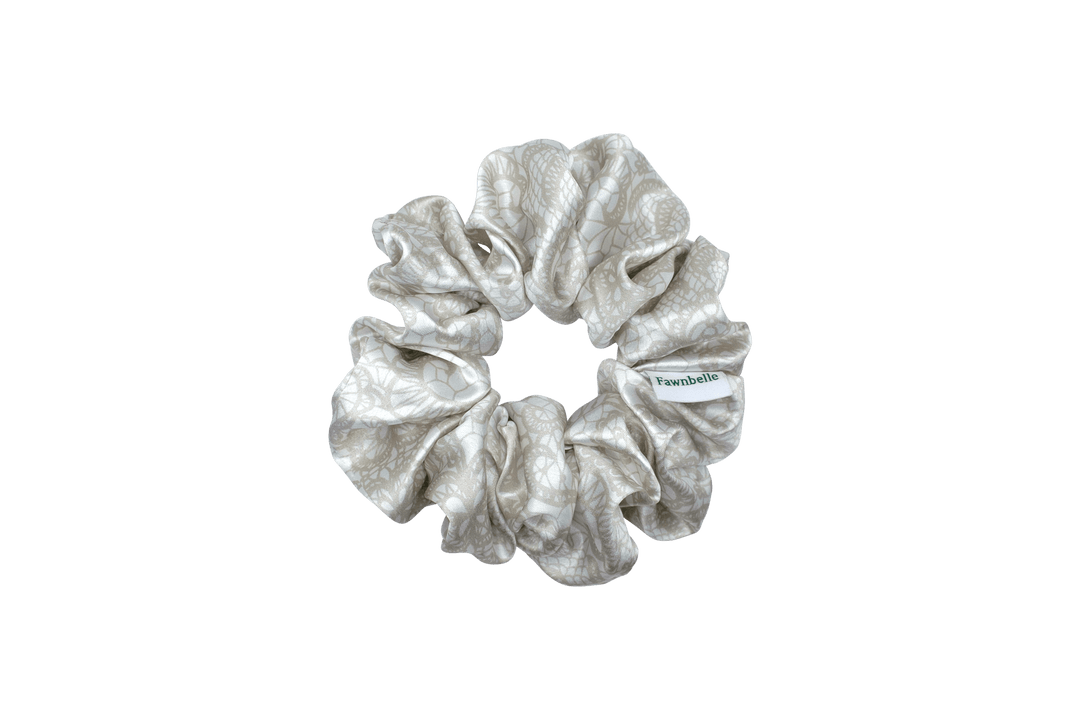 Ivory and white colour floral pattern hair scrunchie satin