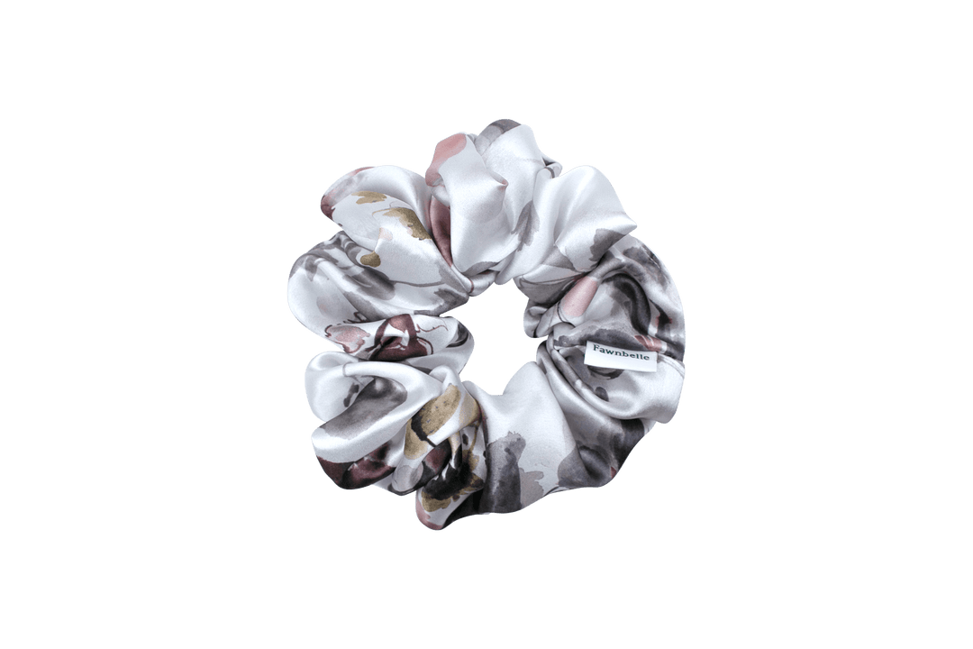 Silver scrunchie with floral pattern satin