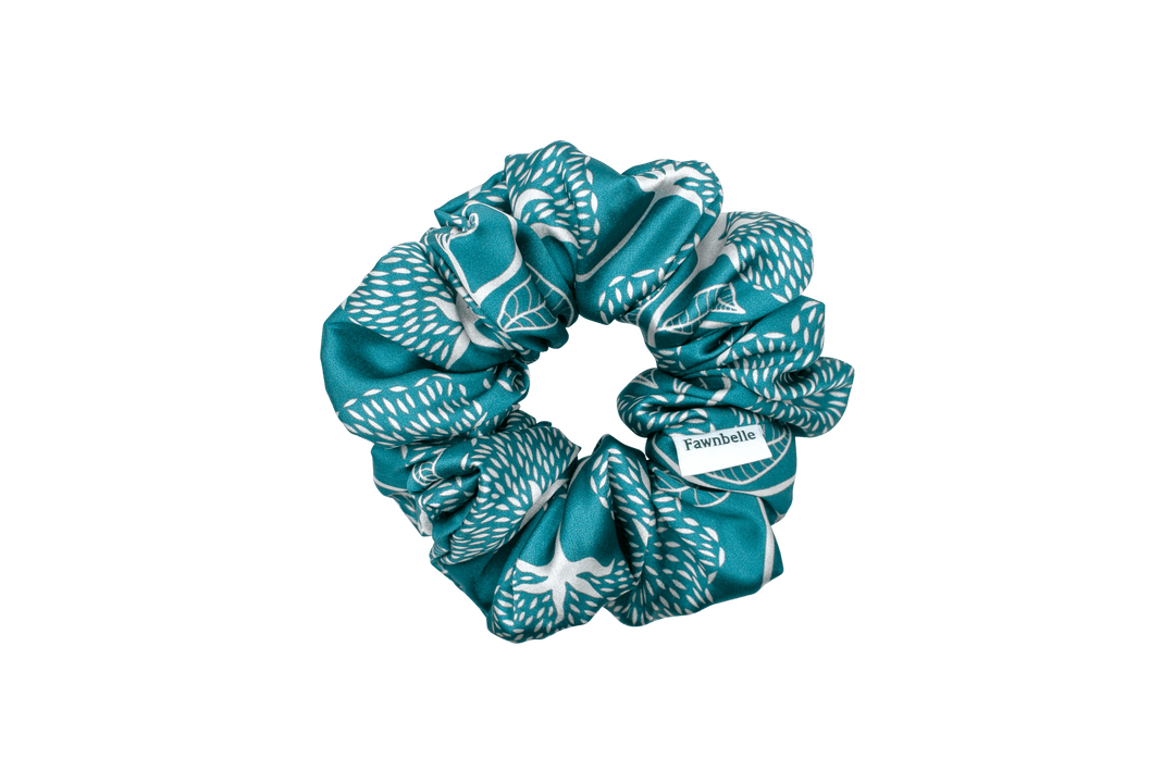 Teal scrunchie with white patterns ocean design satin
