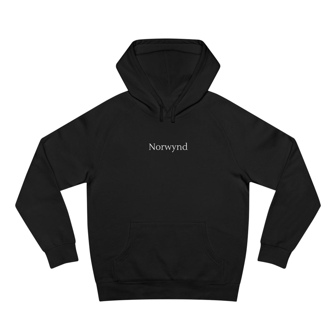 Unisex black hoodie with the Norwynd logo wordmark on the chest, slow fashion nature-inspired apparel