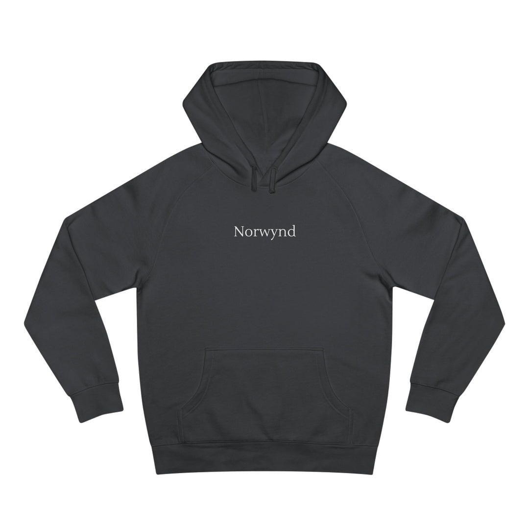 Unisex charcoal grey hoodie with the Norwynd logo wordmark on the chest, slow fashion nature-inspired apparel