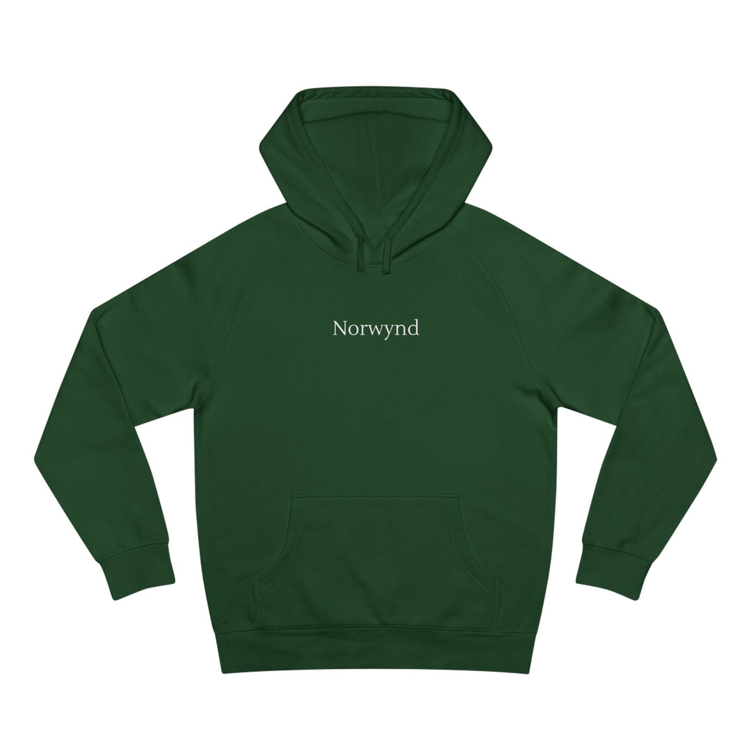 Unisex deep forest green hoodie with the Norwynd logo wordmark on the chest, slow fashion nature-inspired apparel