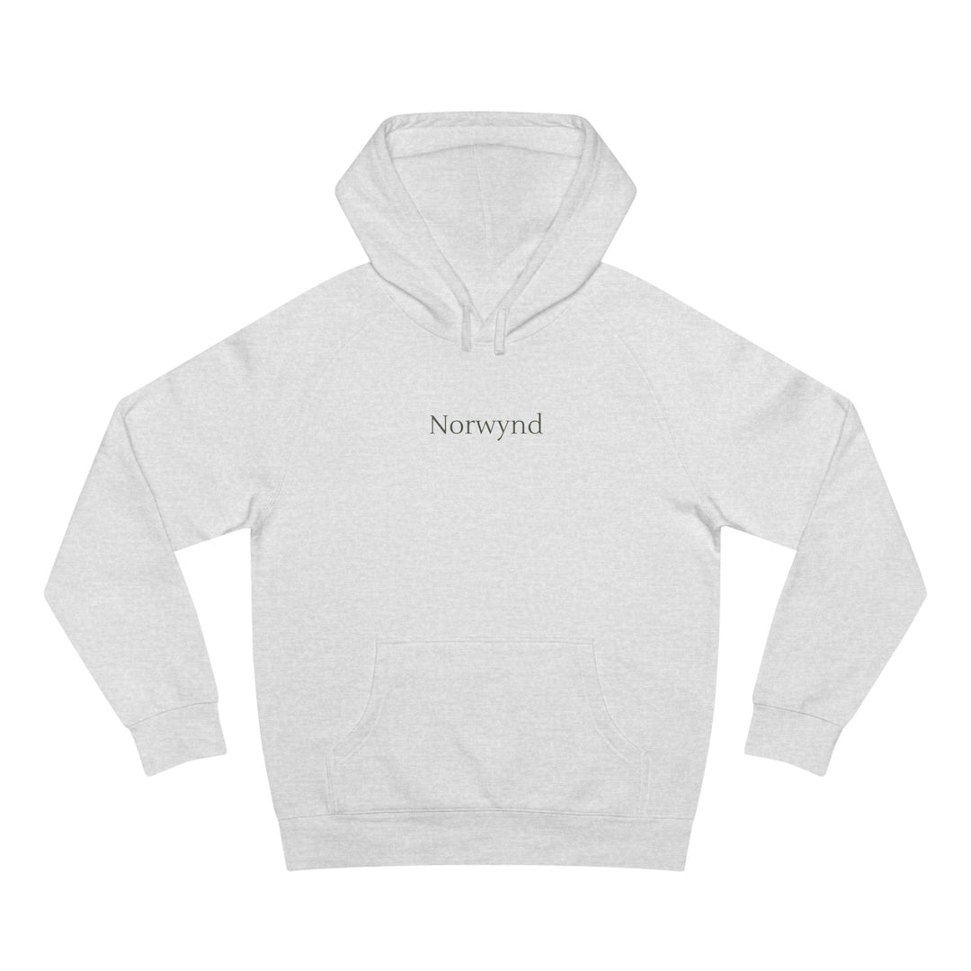 Unisex heather grey hoodie with the Norwynd logo wordmark on the chest, slow fashion nature-inspired apparel