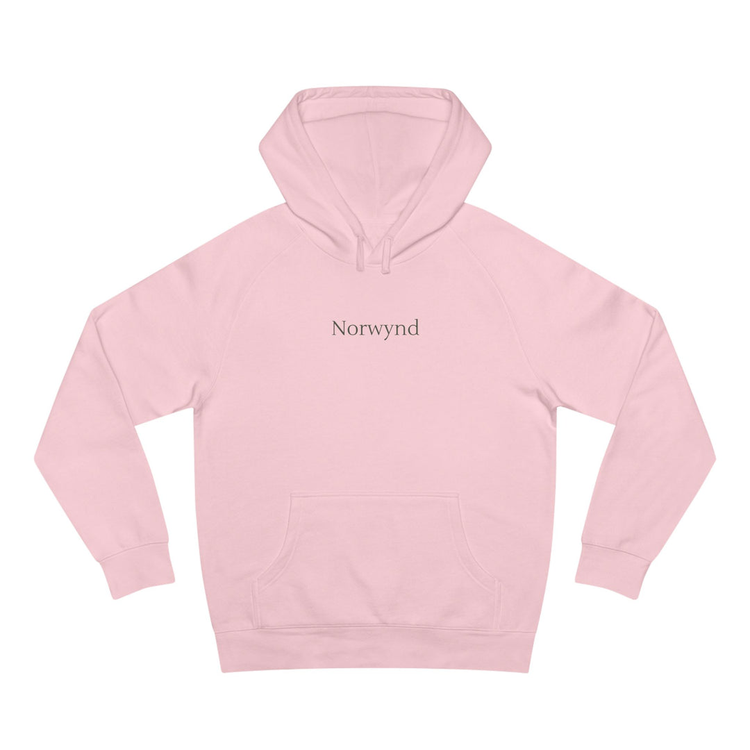 Unisex light pink hoodie with the Norwynd logo wordmark on the chest, slow fashion nature-inspired apparel