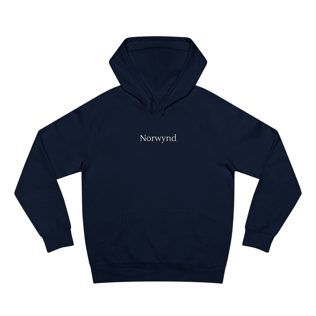 Unisex navy hoodie with the Norwynd logo wordmark on the chest, slow fashion nature-inspired apparel