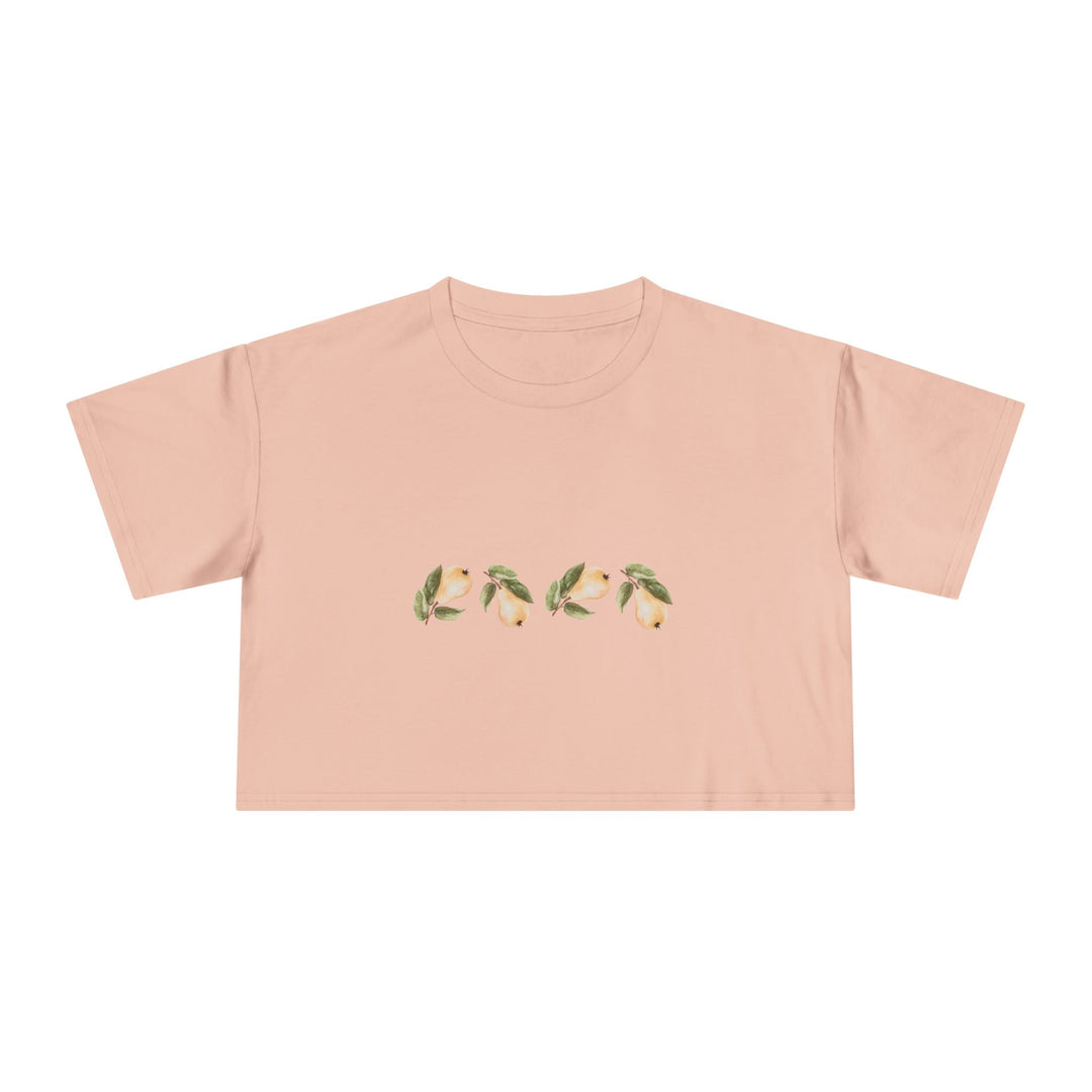 Women's peach crop top with a row of watercolour pears and leaves, Norwynd nature-inspired apparel