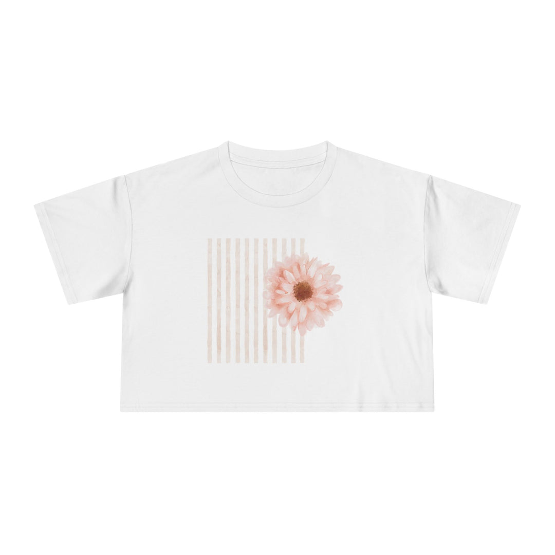 Women's white crop top with a watercolour pink daisy over a striped panel design, Norwynd nature-inspired apparel