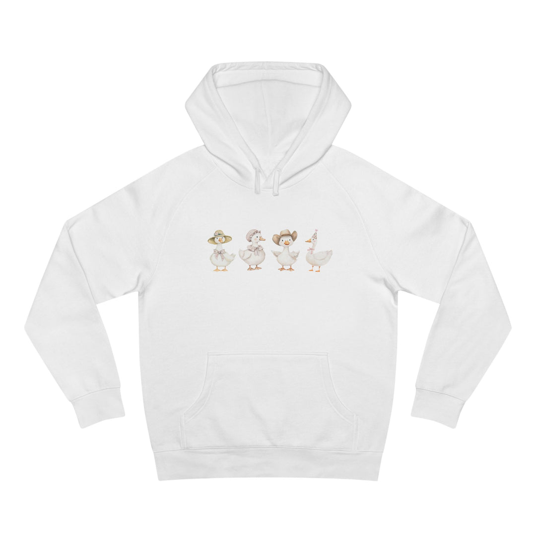 Women's white hoodie with a watercolour illustration of four geese wearing hats and bows, Norwynd farmyard cottagecore apparel